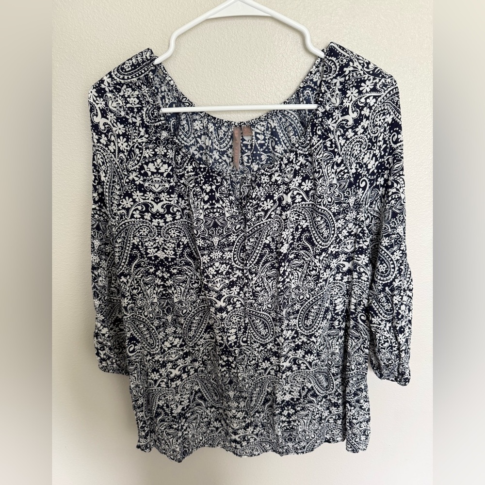 Black and White Relaxed 3/4 Sleeve Paisley Abstract Lightweight Career Wear XL